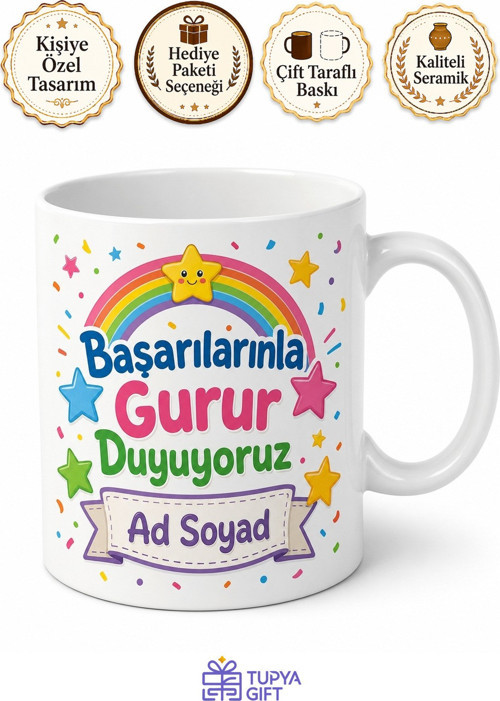 İsimli Çocuk Kupası Takdir Belgeli Yazılı Özel Tasarım Porselen Kupa Bardak Hediye