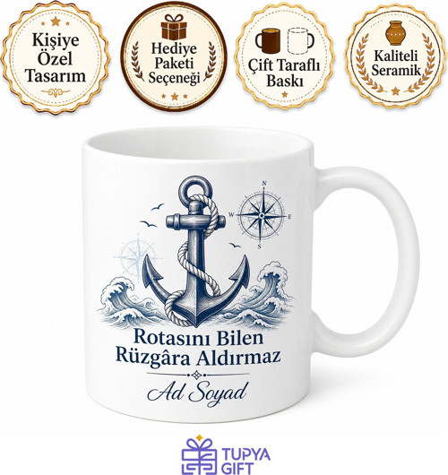 Çapa Desenli Denizci Tasarım Baskılı Kupa Bardak Hediye Porselen Mug