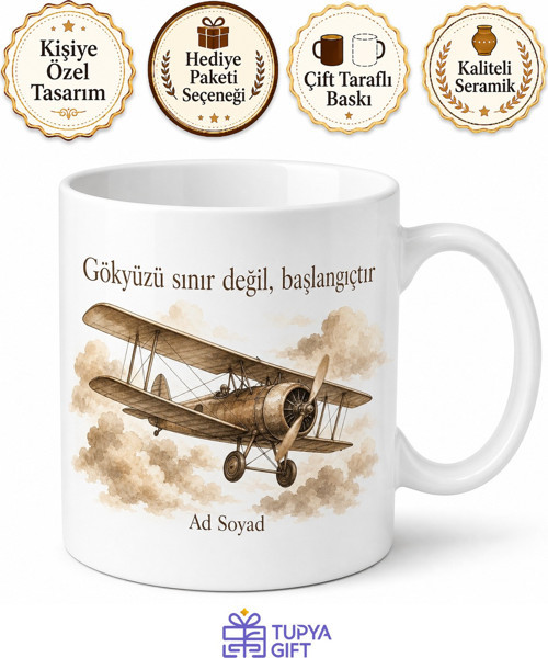 Eski Uçak Temalı Nostaljik Baskılı Kupa Bardak Hediye Porselen Mug