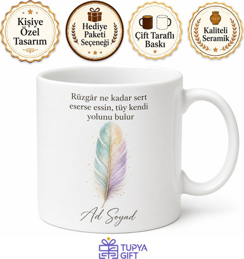 Tüy Temalı Baskılı Kupa Bardak Hediye Özel Tasarım Porselen Kupa