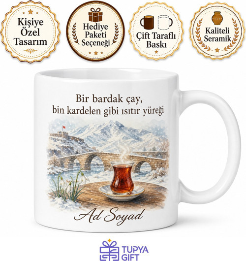 Kars Çay ve Kar Temalı Kupa Bardak | Kars Hediye Porselen Kupa