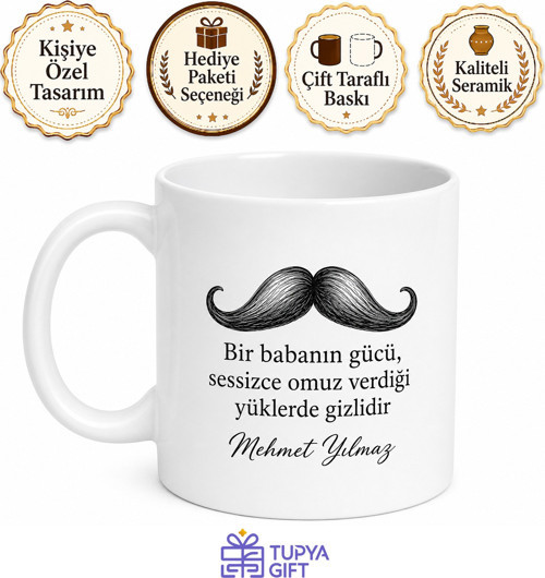 Bıyıklı Baba Tasarımlı Kupa Bardak Babalar Günü Hediyesi Özel Baskılı