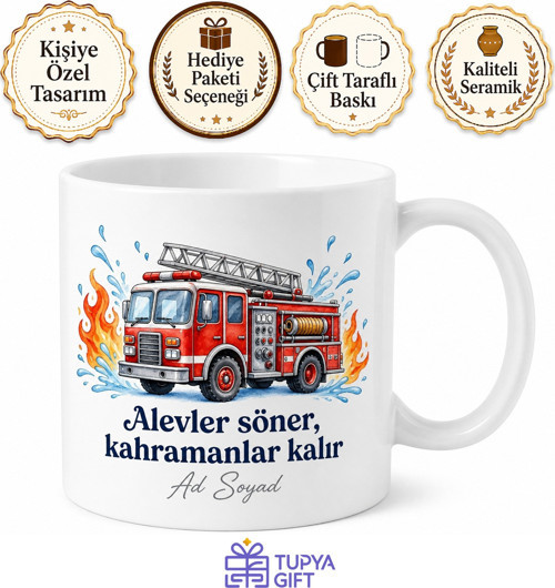 İtfaiye Kamyonu Çizimli Yanan Yürekleri Söndüren Kahraman Kupa Bardak Hediye