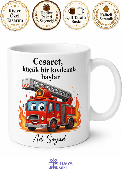 Çocuğa Hediye İsimli İtfaiyeci Temalı Baskılı Kupa Bardak Özel Tasarım