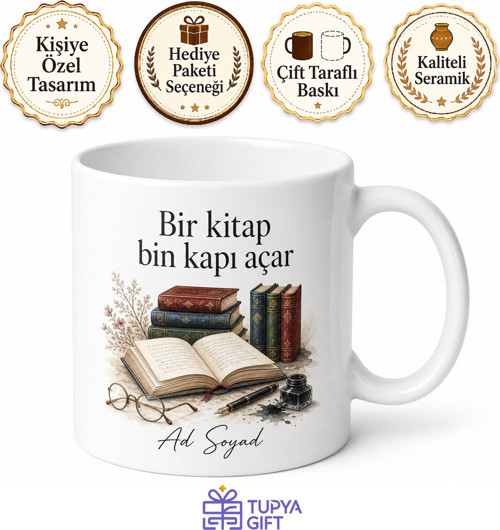Kitapçı Temalı Baskılı Kupa Bardak Hediye Kitap Severlere Özel Tasarım