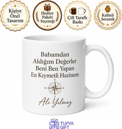 Babamdan Aldığım Değerler Yazılı Kupa Bardak Babalar Günü Hediye