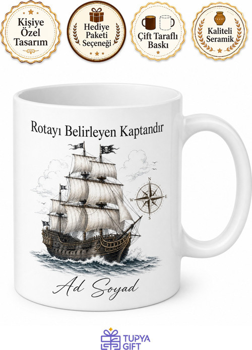 Korsan Gemisi Kalyon Çizimli Yedi Denizlere Açılan Kaptan Kupa Bardak Hediye
