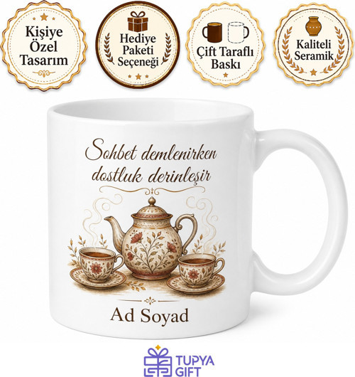 Çaydanlık ve Fincan Çizimli Sohbetin Demlendiği Dostluk Kupası Hediye Bardak