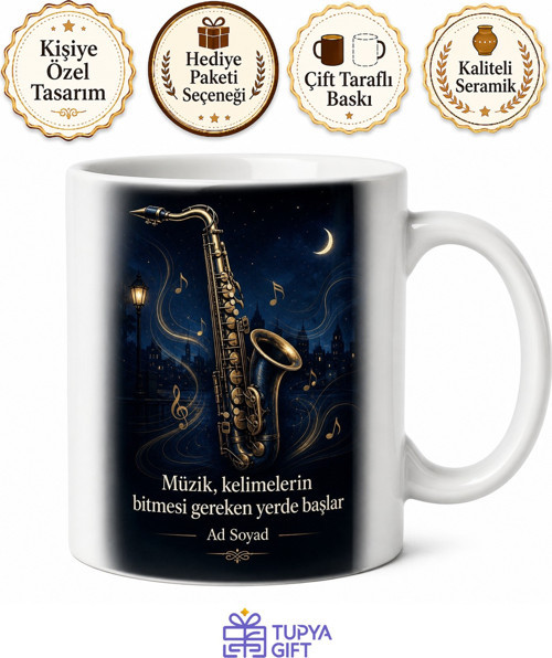 Saksafon ve Caz Notaları Çizimli Gece Yarısı Melankolisi Kupa Bardak Hediye
