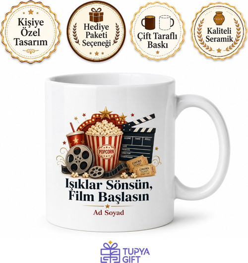 Film Gecesi Yazılı Baskılı Kupa Bardak Hediye Sinema Temalı Özel Tasarım