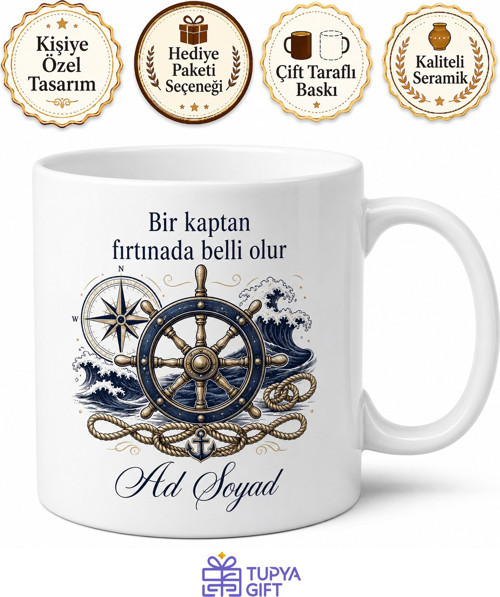 Gemi Kaptanına Hediye Denizci Dümen Fırtına Rota Güvenli Liman Temalı Porselen Kupa Bardak