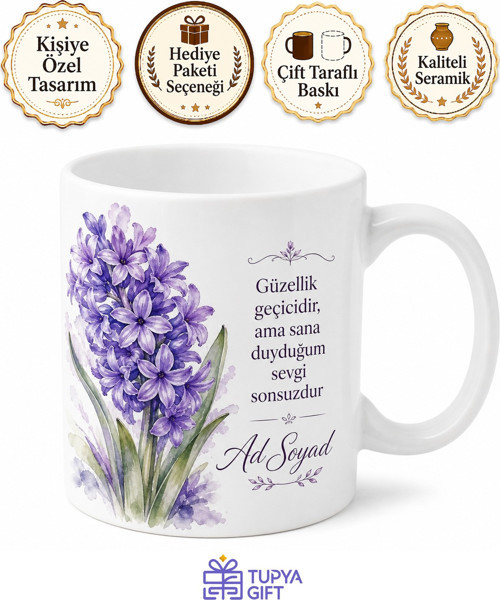 İsimli Sümbül Desenli Baskılı Kupa Bardak Kişiye Özel Hediye