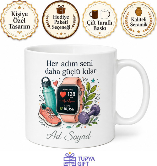 Akıllı Saat ve Adım Sayar Çizimli Sağlıklı Yaşayan Formda Kupa Bardak Hediye