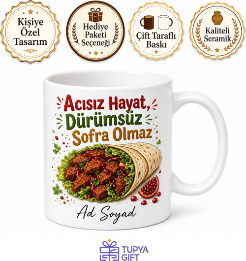 Çiğ Köfte Dürüm Temalı Baskılı Kupa Bardak Komik Hediye Mug