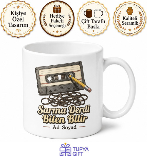 Teyp Kaseti Kalem Çizimli Sarma Derdi Nostaljik 90lar Kupa Bardak Hediye