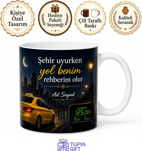 Taksi Şoförü Gece Mesaisi Taksimetre Temalı Kupa Bardak Hediye
