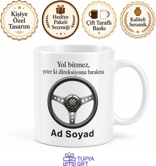 İsimli Direksiyon Desenli Şoför Kupası Özel Baskılı Hediye Bardak