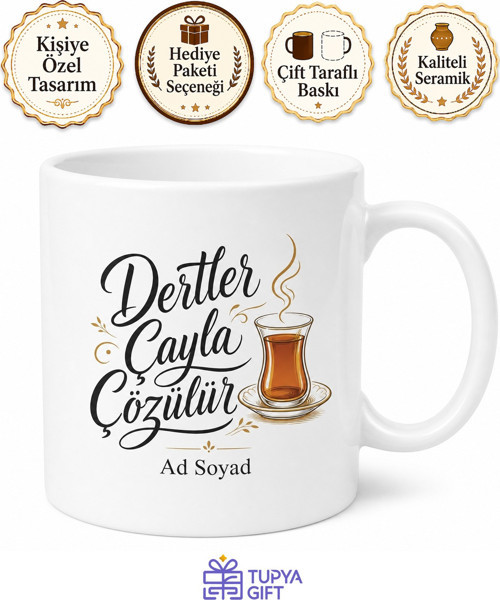Dertler Çayla Çözülür Yazılı Kupa Bardak Özel Tasarım Hediye Çay Kupası