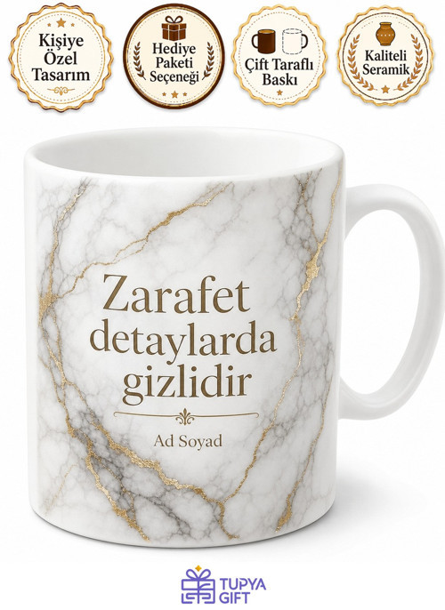 Mermer Desenli Lüks Tasarım Baskılı Porselen Kupa Bardak Hediye