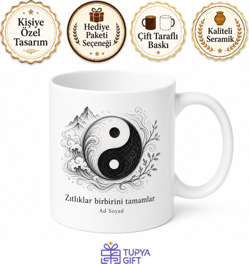 Yin Yang Simgesi Çizimli Zıtlıkların Uyumu Felsefik Kupa Bardak Hediye