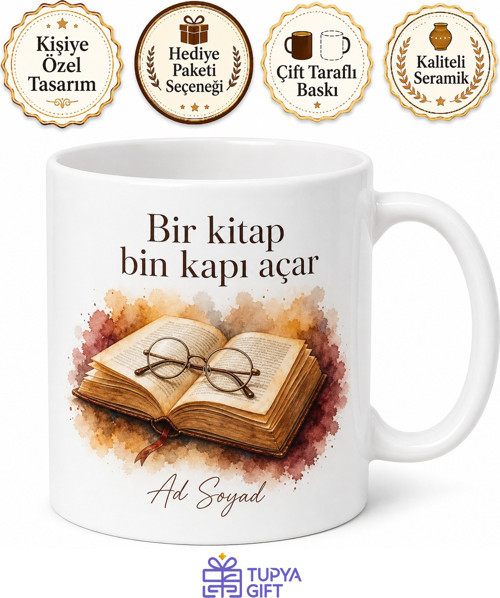 Kitap ve Gözlük Temalı Baskılı Kupa Bardak Kitapsever Hediye Porselen Mug