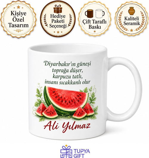 Diyarbakır Karpuz Temalı İsimli Baskılı Kupa Bardak Özel Tasarım Hediye