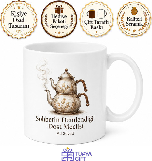 Demlik ve Duman Çizimli Sohbetin Demlendiği Dost Meclisi Kupa Bardak Hediye