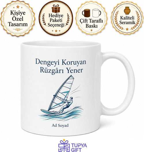 Rüzgar Sörfü Denge Çizimli Esintide Ayakta Kalan Dengeli Kupa Bardak Hediye