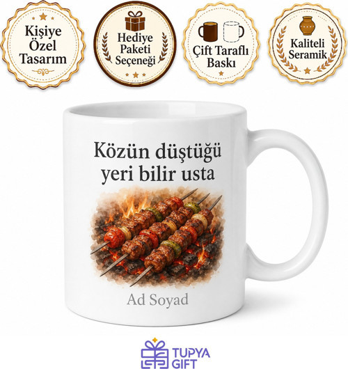 İsimli Kebap Şişi Desenli Kebapçı Kupası Özel Baskılı Hediye Bardak