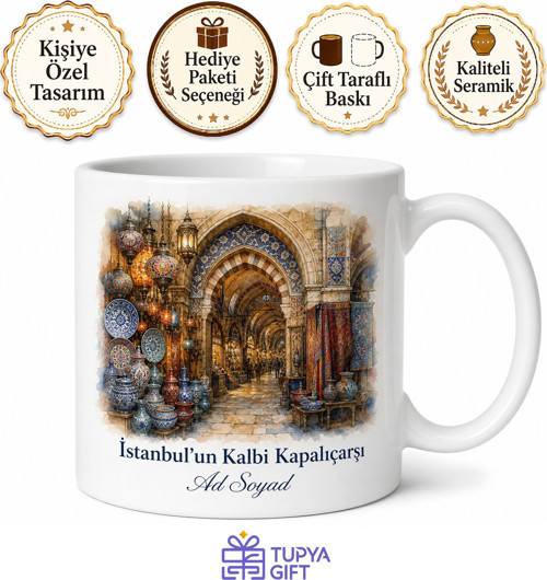 Kapalıçarşı Temalı İstanbul Kupası Baskılı Porselen Kupa Bardak Hediye