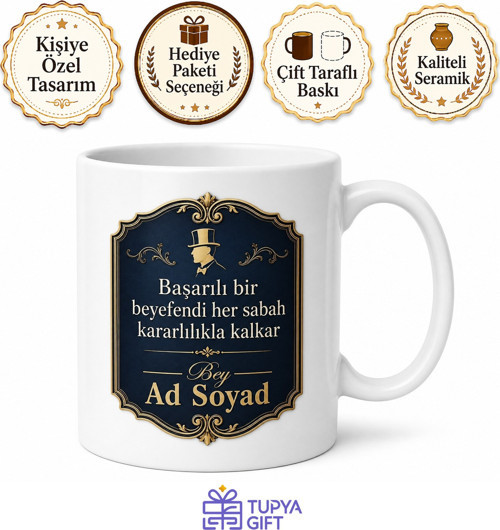 İsme Özel Bey Yazılı Baskılı Kupa Bardak Hediye Özel Tasarım Porselen Mug