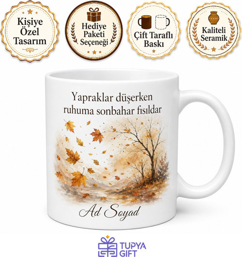 Sonbahar İnsanı Dökülen Yapraklar Rüzgar Sesi Hüzünlü Şiir Kupa Bardak Hediye