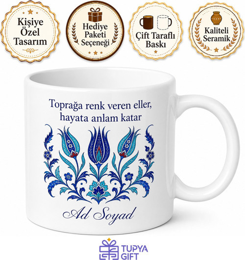 Çini Boyayanlara Sır Altı Fırın Lale Motif İznik Mavi Kupa Bardak Hediye