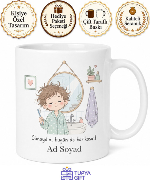 Lavabo Aynası Sabah Çizimli Uykulu Yüz Kupa Bardak Hediye Porselen