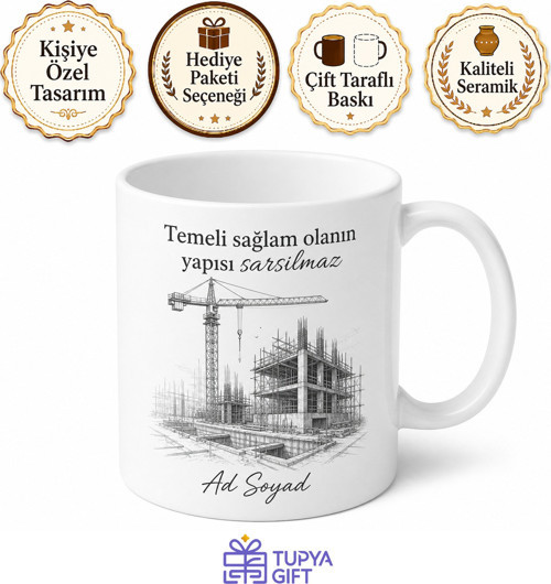 Bina Şantiyesi Vinç Çizimli Temeli Sağlam İnşaat Mühendisi Kupa Bardak Hediye
