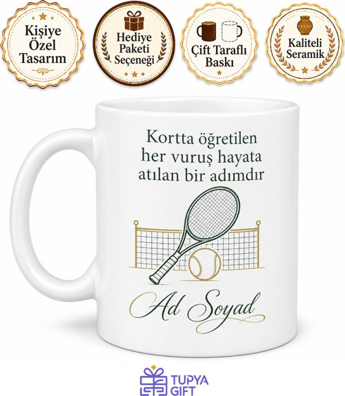 Tenis Hocası Kortta Ralli Top Sepeti Backhand Öğreten Kupa Bardak Hediye