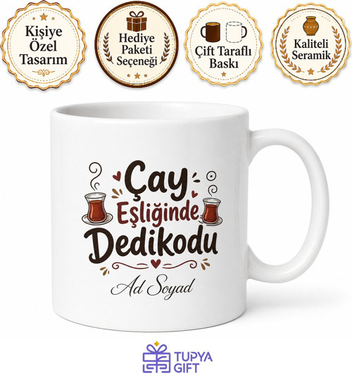 Çay Eşliğinde Dedikodu Yazılı Komik Kupa Bardak Esprili Hediye