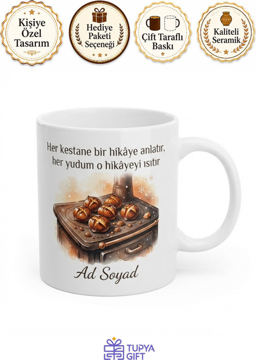 Kestane Temalı Kış Kupası Çizik Kestane Soba Üstü Kestane Şekeri Hediye Bardak