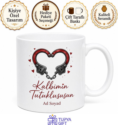 Kelepçe Çizimli Kalbimin Tutuklususun Sevgiliye Romantik Kupa Bardak Hediye
