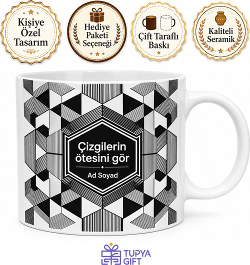 Geometrik İllüzyon Desenli Siyah Beyaz Modern Ofis Kupası Hediye Bardak