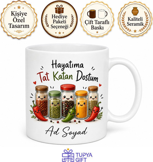 Baharatlık ve Biber Çizimli Hayata Tat Katan Eğlenceli Dost Kupa Hediye Bardak