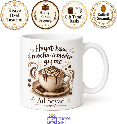 Mocha İçenlere Özel Çikolatalı Kahve Temalı Beyaz Porselen Kupa Bardak Hediye