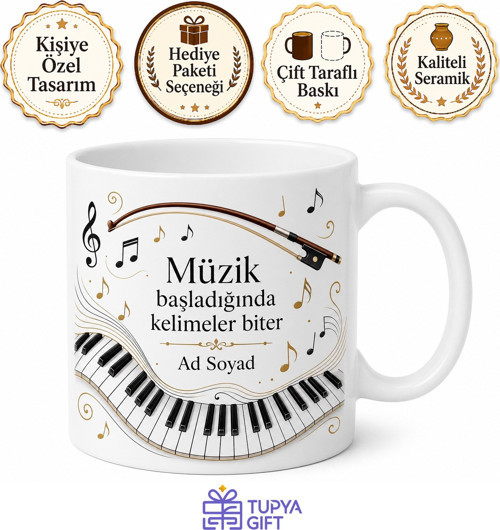 Klasik Müzik Piyano Tuşları Keman Yayı Senfonisi Temalı Kupa Bardak Hediye