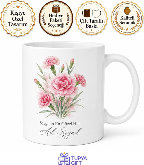 İsimli Karanfil Desenli Özel Baskılı Kupa Bardak Hediye Porselen Mug