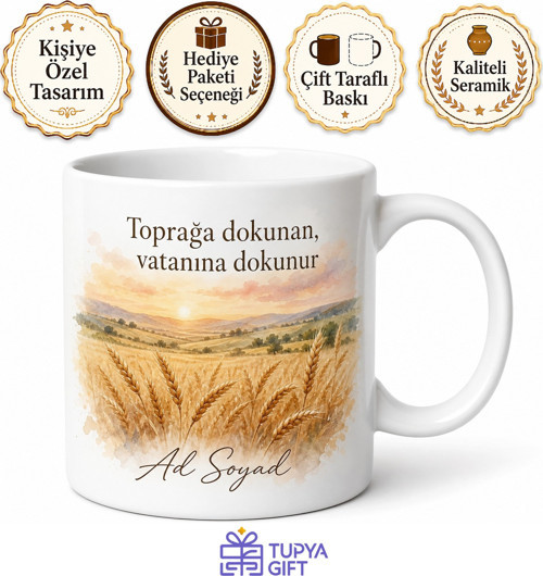 Memleket Tarlası Temalı Kişiye Özel Kupa Bardak Hediye Baskılı Porselen