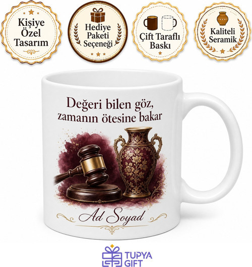 Müzayede Yöneticisine Hediye Antika Çekiç Vuran Özel Tasarım Baskılı Porselen Kupa Bardak