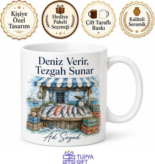 Balıkçı Tezgahı Temalı Baskılı Kupa Bardak Hediye Porselen Mug