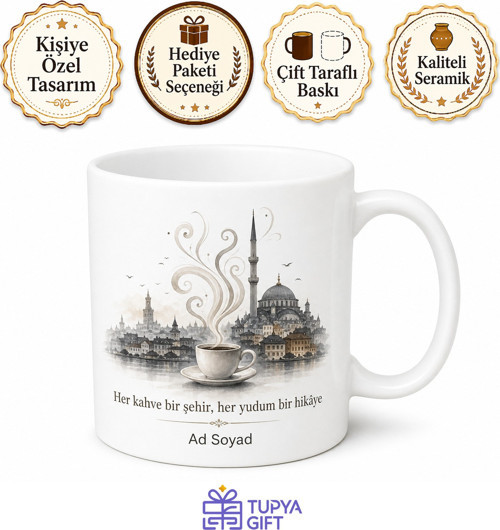 Şehir ve Kahve Temalı Tasarım Kupa Bardak Hediye Özel Baskılı Porselen Mug