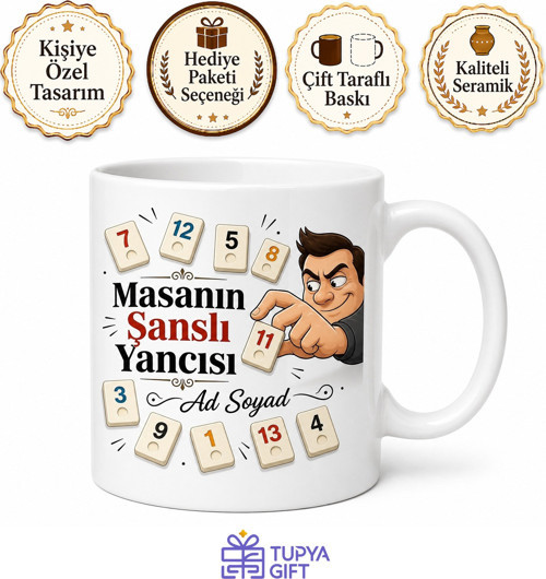 Okey Masasında Taş Çalan Şanslı Yancı Temalı Porselen Kupa Bardak Hediye