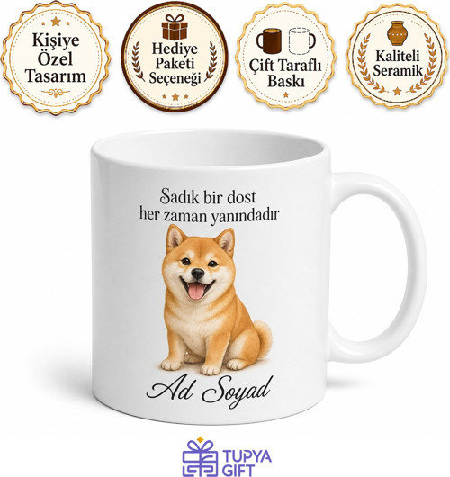 İsme Özel Shiba Inu Desenli Kupa Bardak Sevimli Köpek Hediye